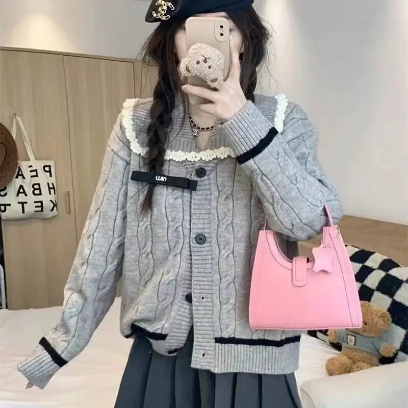 

Модный серый кардиган с воротником Питера Пэна, женский осенне-зимний вязаный жакет в консервативном стиле, женская