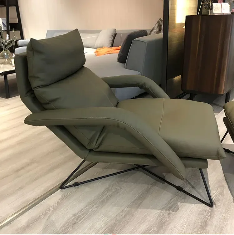 A Sofa balcony leisure recliner leather single chair first layer cowhide minimalist down soft bag adjustment backrest