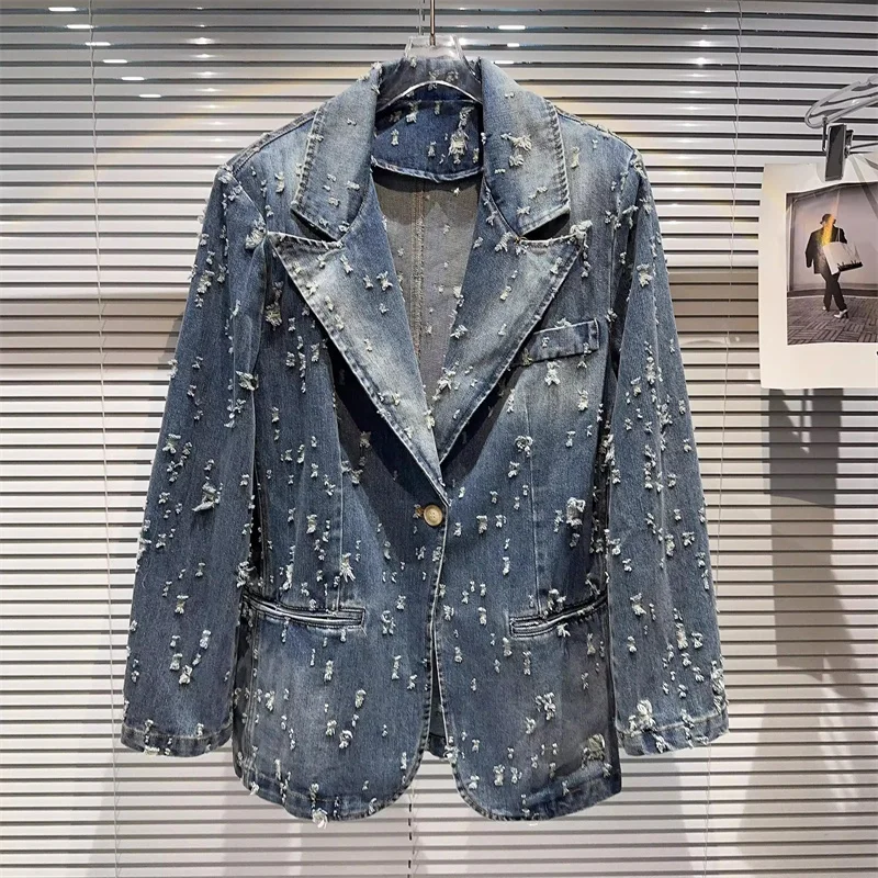 

Spring Harajuku Vintage Washed Blue Frayed Hole Denim Jacket Women Notched Collar Long Sleeve Cowboy Blazers Casual Fall Clothes