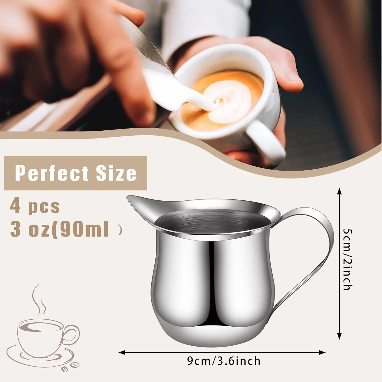 4 Pieces Creamer Pitcher  Shaped Creamer  Ounce Espresso Pouring Cup Stainless Steel Creamer Pitcher Mirror Finish Mini Stainles