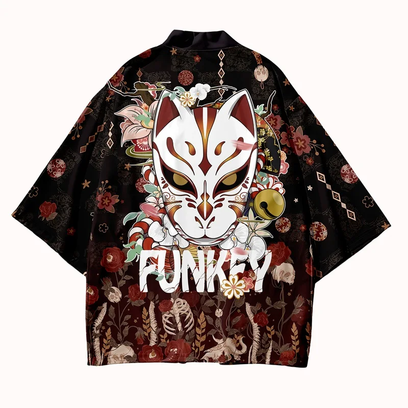 New Japanese Street Kimono Fox Mask Print Women's Kimono Role Play Japanese Jacket Streetwear Japanese Traditional Costume