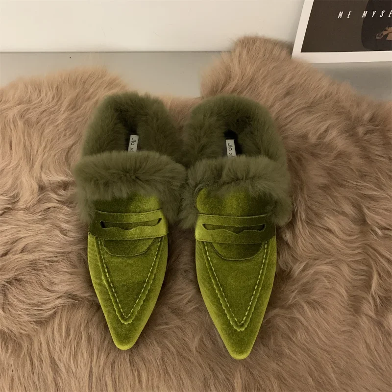 COZOK Luxury Fur Furry Women Slippers Fur Flat Mules Fashion Velour Slides Indoor Outdoor Sexy Cotton Warm Slides Winter