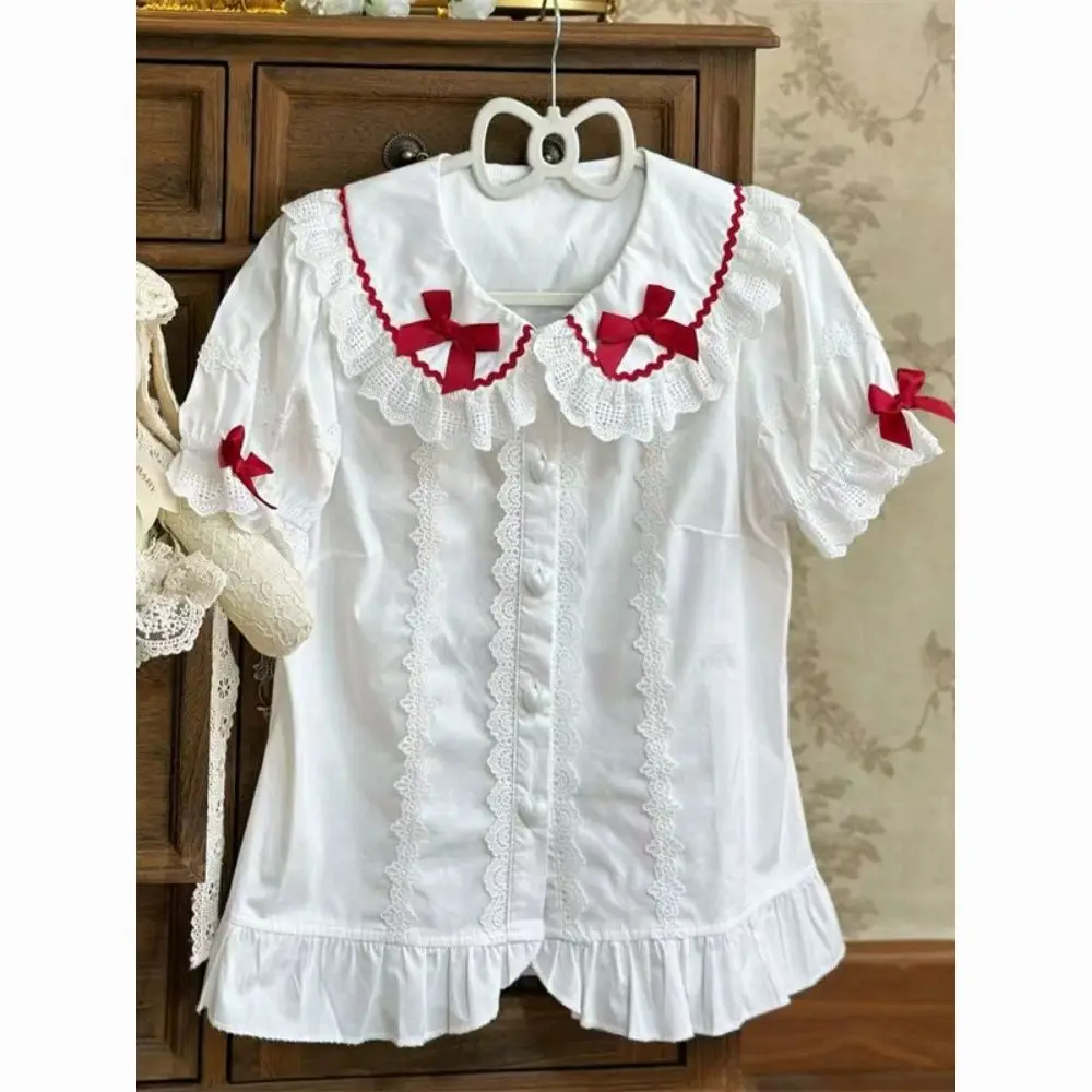

Летняя милая белая рубашка в стиле Лолиты, женская повседневная блузка с коротким рукавом и бантом Kawaii, винтажная японская блузка в консервативном стиле, женские милые топы