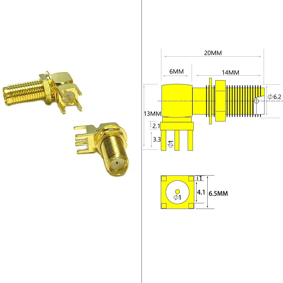 

1pc SMA Female With Nut Right Angle PCB Mount RF Coax Connector 14mm Long Thread Adapter Goldplated NEW