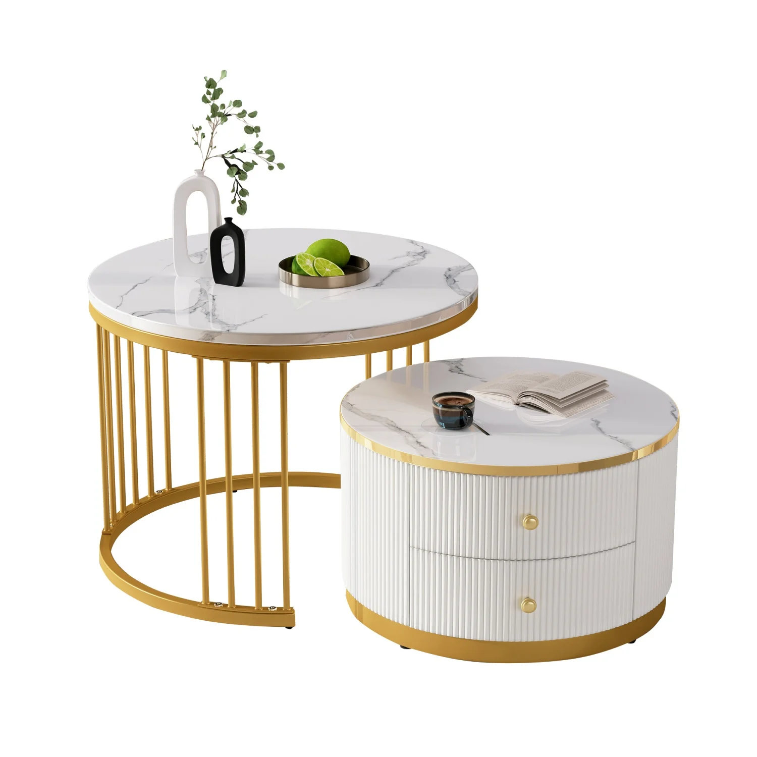 table basse blanche en forme de nid, tables rondes 60*45,5 cm et 50*50*32 cm aspect marbre brillant, 2 tiroirs, jusqu'à 30 kg