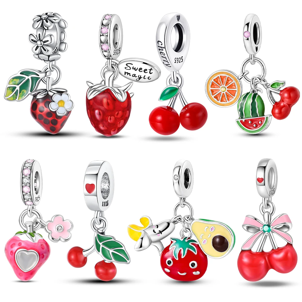 

Exquisite Original 925 Silver Strawberry Cherry Apple Avocado Fruit Charms Bead Fit DIY 925 Bracelet Birthday Jewelry Fine Gift