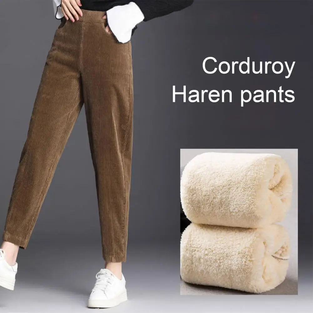

Женские плюшевые брюки с эластичным поясом, теплые прямые зимние брюки, повседневные универсальные брюки-шаровары, женская одежда
