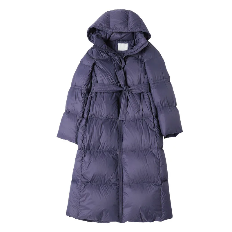 Luxury Brand High-Quality Long Down Jacket Winter Warmth Women's Slim-Fit Puffer Jacket Belted Design Cold-Resistant Coat Hooded