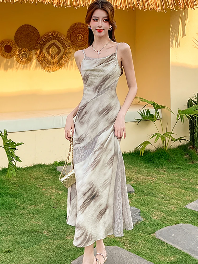 ฤดูร้อนสีชมพูPatchworkลูกไม้Hollow Outชุดลําลองยาวผู้หญิงสลิงเซ็กซี่ชุดชายหาด 2025 เกาหลีBodycon Holiday Dresses