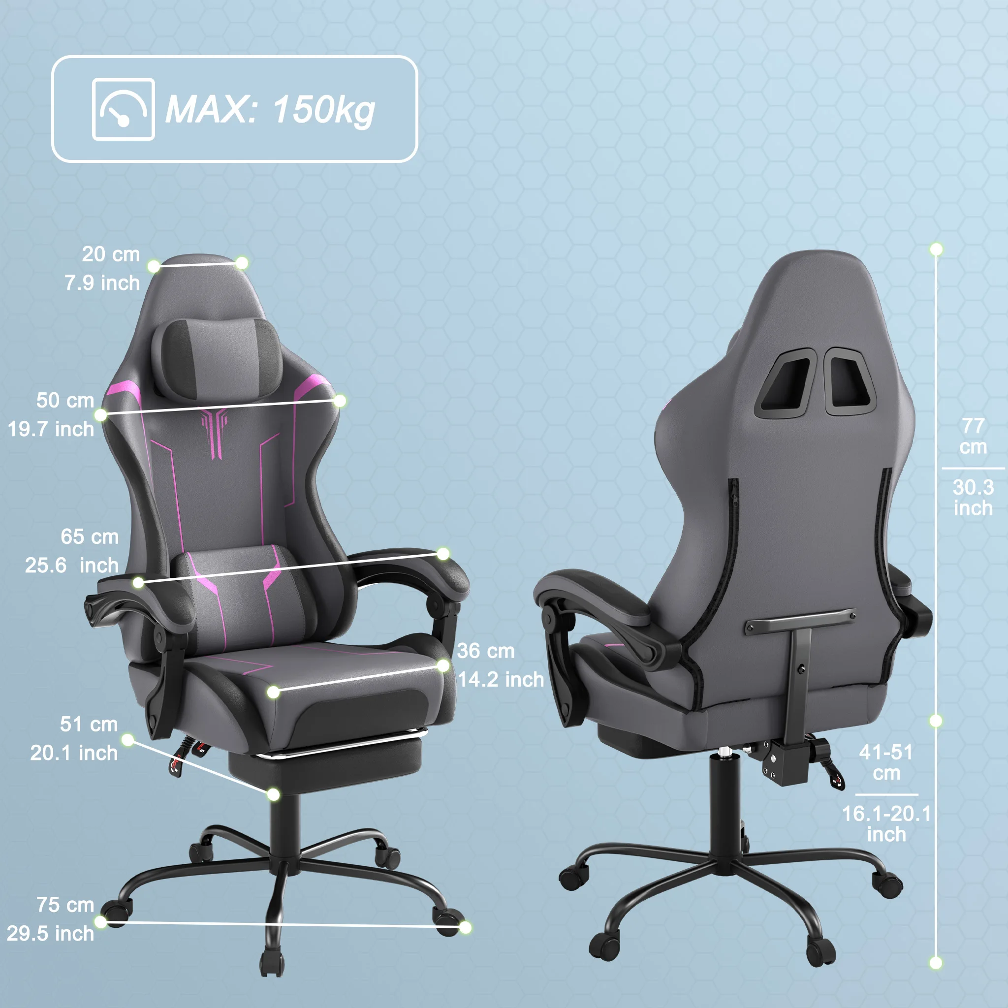 Ergonomische gamingstoel, in hoogte verstelbare draaibare pc-computerstoel met intrekbare voetensteun en afneembare hoofdsteun en lumbale kussens, bureaustoel van suède of PU-stof, max. draagvermogen