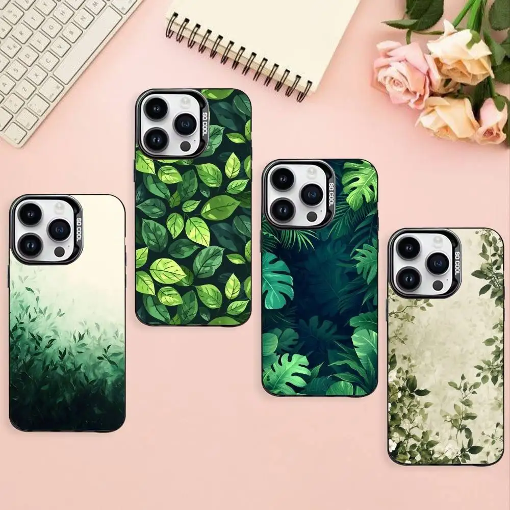 

Green Leaves Matte Phone Case For iPhone17,16,15,14,13,12,11 Plus,Pro Max Black Border Silver Plated Cover