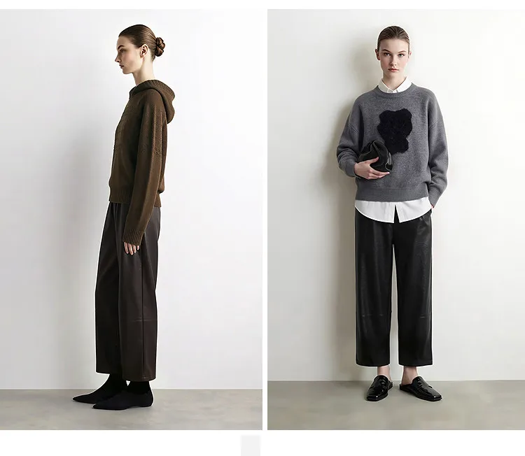Amii Women Wide Leg Pants Mid Rise Elastic Waist Ankle Length Solid 2026 Autumn Commute Loose Casual Woman PU Trousers 12643003