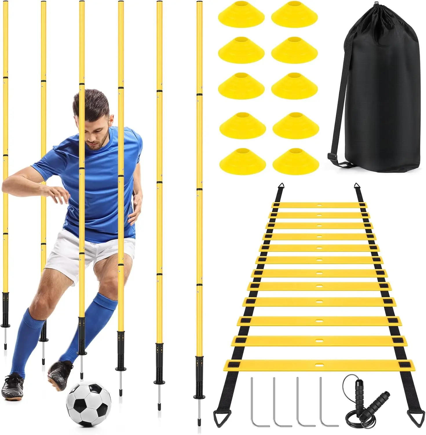 

Soccer Agility Training Set: 6 Poles, 20ft Ladder, 10 Cones, Jump Rope for Speed & Agility Drills