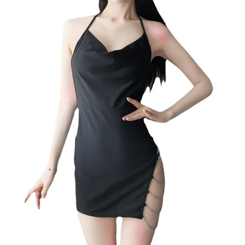 

Европейское и американское женское сексуальное женское белье с глубоким V-образным вырезом, сексуальный кружевной комплект ночной рубашки с подвесным ремешком на шее и железной цепочкой