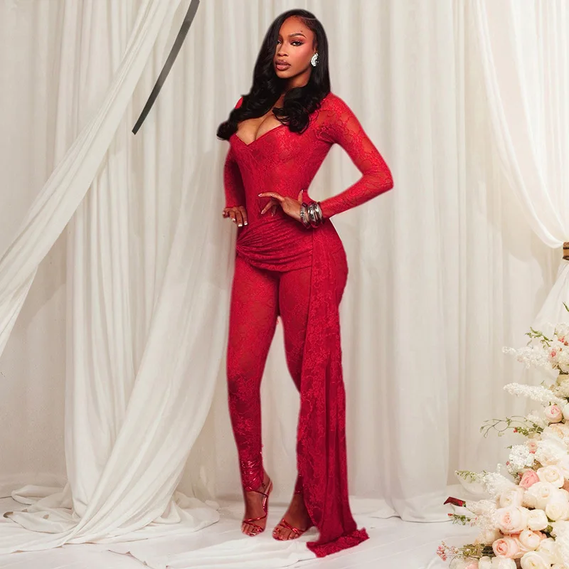 انظر من خلال الدانتيل حللا المرأة الجانب الشريط مثير العميق الخامس الرقبة طويلة الأكمام Ruched الغنيمة رفع ليلة كلوبوير وزرة الحفلات #2