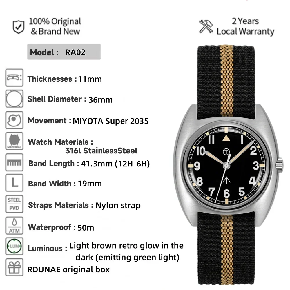 RDUNAE 2025 جديد ساعة كوارتز رجالية RA02 ميوتا سوبر 2035 خمر التخصيص هاردليكس مقاوم للماء 5ATM مضيئة Reloj Hombre