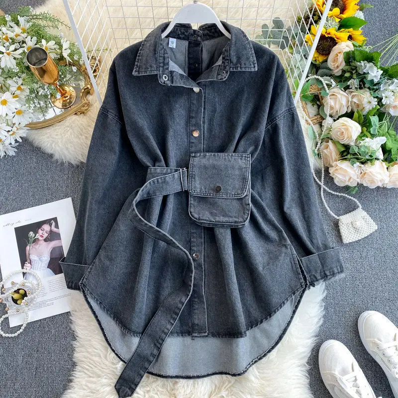 Casual Denim Shirt Tie Waist Adjustable Denim Shirt Backless Multiway Versatile Jean Blouse Short Sleeve Loose Denim Top view 3