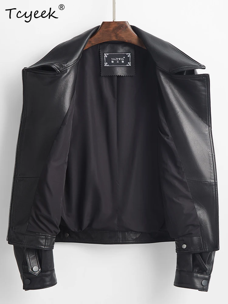 Tcyeek リアルシープスキン女性レザージャケット春秋長袖スーツの襟黒機関車レザージャケットチャケータクエロ