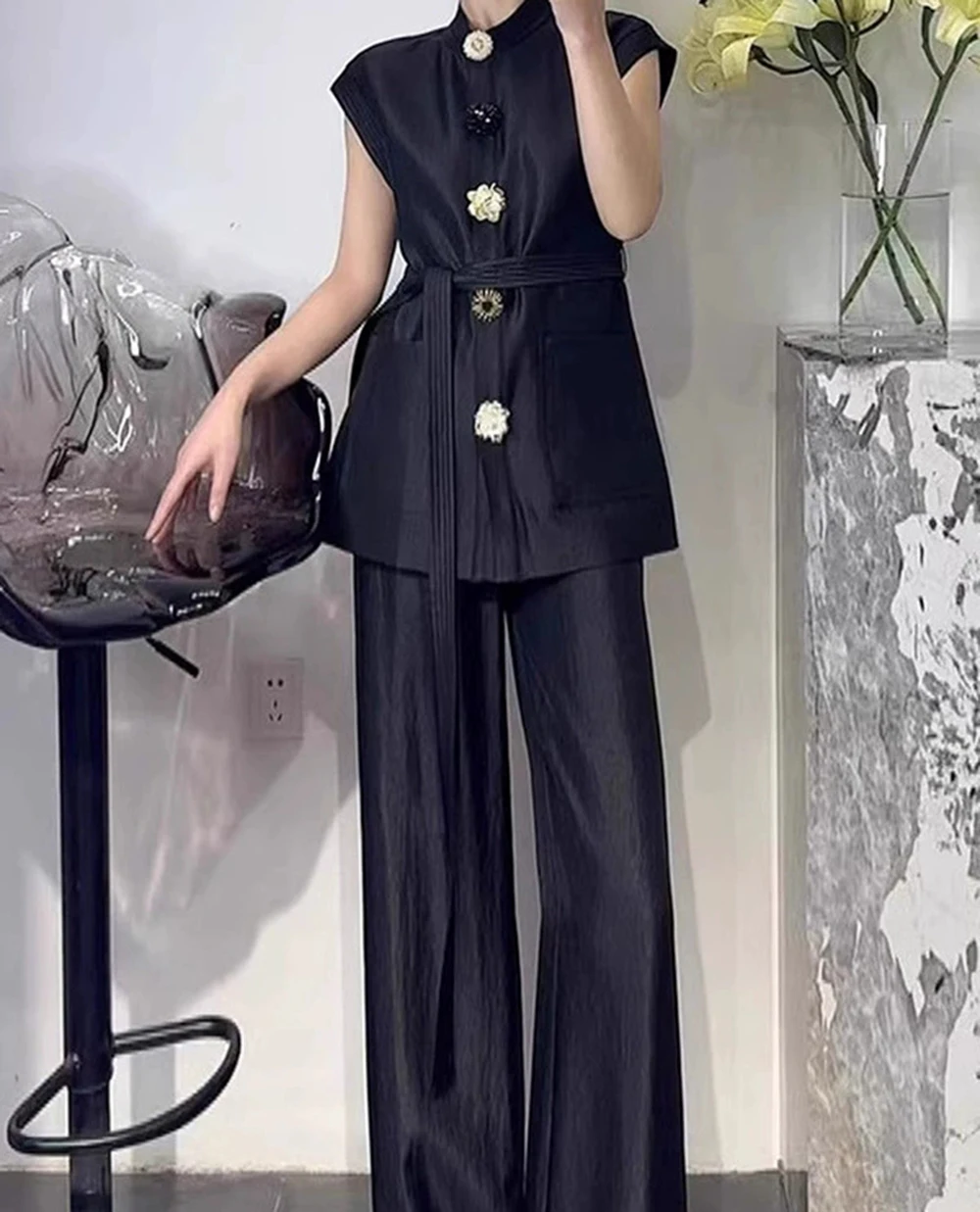 

Temperament two-piece suit for women 2025 summer new style fashionable all-match vest wide-leg pants-GZXX974