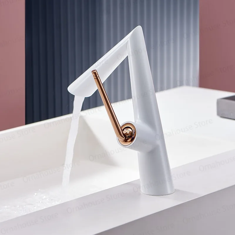 White and Gold Brass Basin Faucet Hot Cold Bathroom Sink Mixer Single Lever Lavatory Tap Unique Design Decked