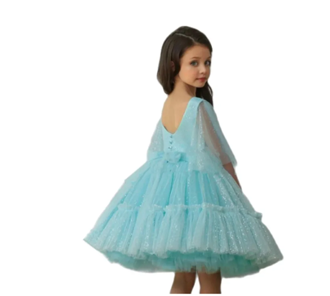 

Princess Flower Girl Dress Half Sleeves Scoop Neck Glitter Tulle Puff First Communion Dresses Kids Pageant Birthday Gown