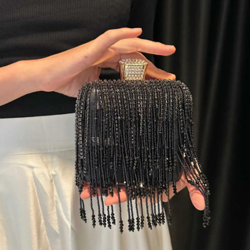 

Роскошный комплект с бриллиантами, мини-сумка для банкета с кисточками, модная черная женская сумка с кисточками, маленькая квадратная сумка
