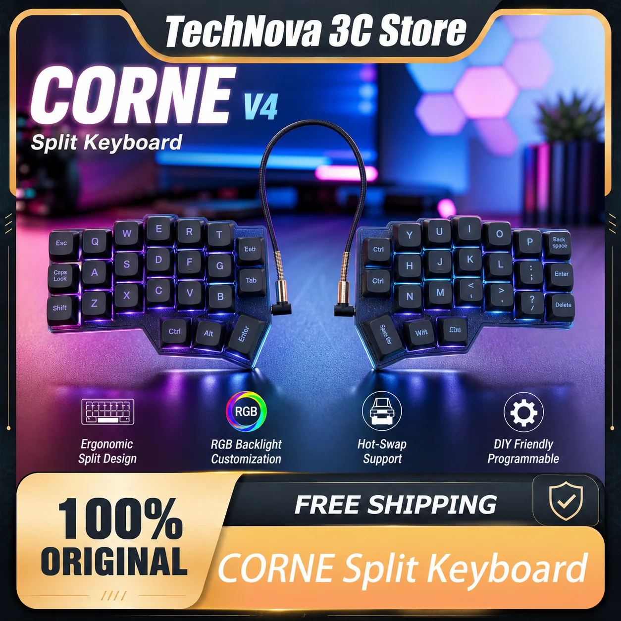 CORNE Ergonomic Split Keyboard QMK VIAL RGB Hot Swap Mechanical Keyboard Custom Programmable Keyboard for Typing Coding Gaming