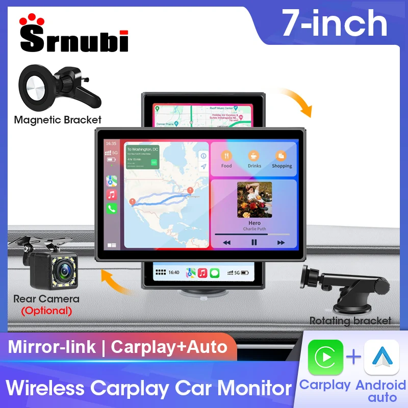

Srnubi 7" Protable Car Radio Touch Screen Stereo Wireless Carplay Android auto Mirror Link Video Player Voice Control Bluetooth