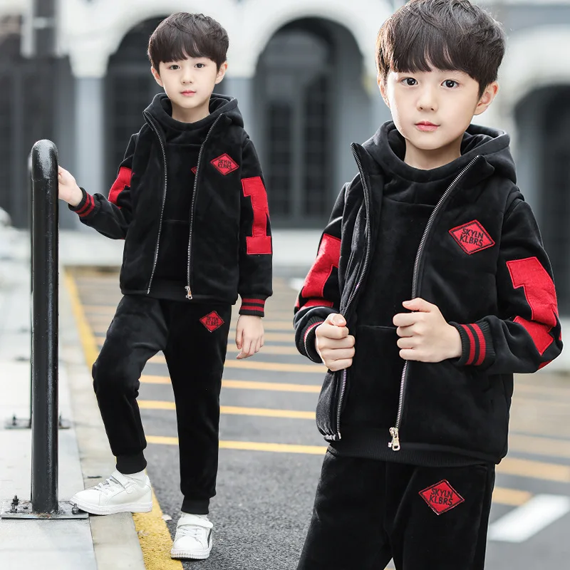 Winter Boys Warm Fleece Patchwork Zip Waistcoat+Sweatshirt+Sweatpant Set School Kids 3PCS Tracksuit Child Workout Outfit 5-14Yrs