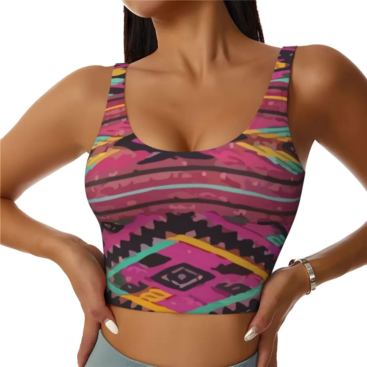 Padded Yoga Top Magenta Aztec Embroidery Maximalist Decor Chevron Folk Art Spinning Class Athleisure Tank