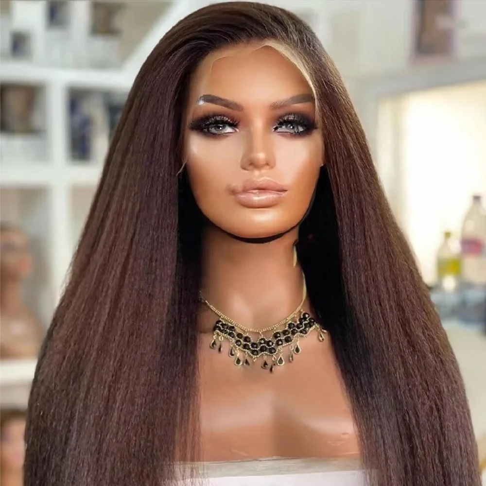 

Мягкий яки коричневый бесклеевой парик 180 Плотность 26 дюймов Длинный странный прямой парик фронта шнурка для женщин с волосами ребенка предварительно выщипанные ежедневно