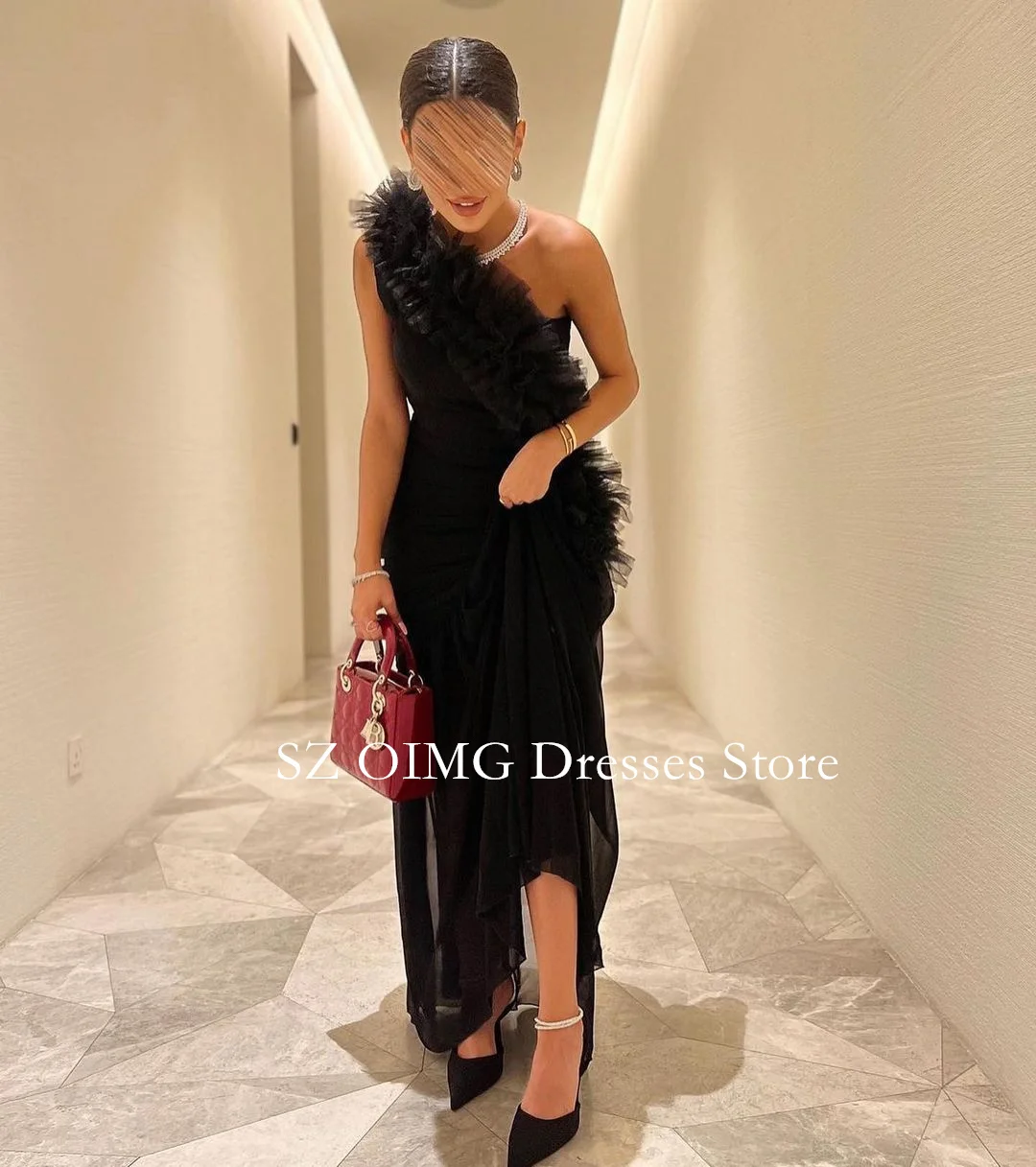 

OIMG Ruffles One-Shoulder Sleeveless Mermaid Black Pleats Prom Dresses Vintage Ruched Arabic Evening Gowns Formal Party Dress