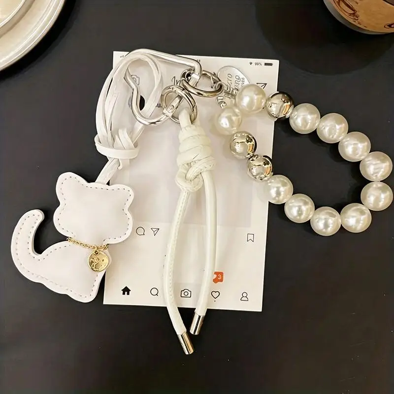 1 Stück Handtaschen-Schlüsselanhänger, Neue Imitationsperlen-Katzen-Handykette, Geschenk, Hängeornament, Anhänger für Frauen und Mädchen – Detail 3