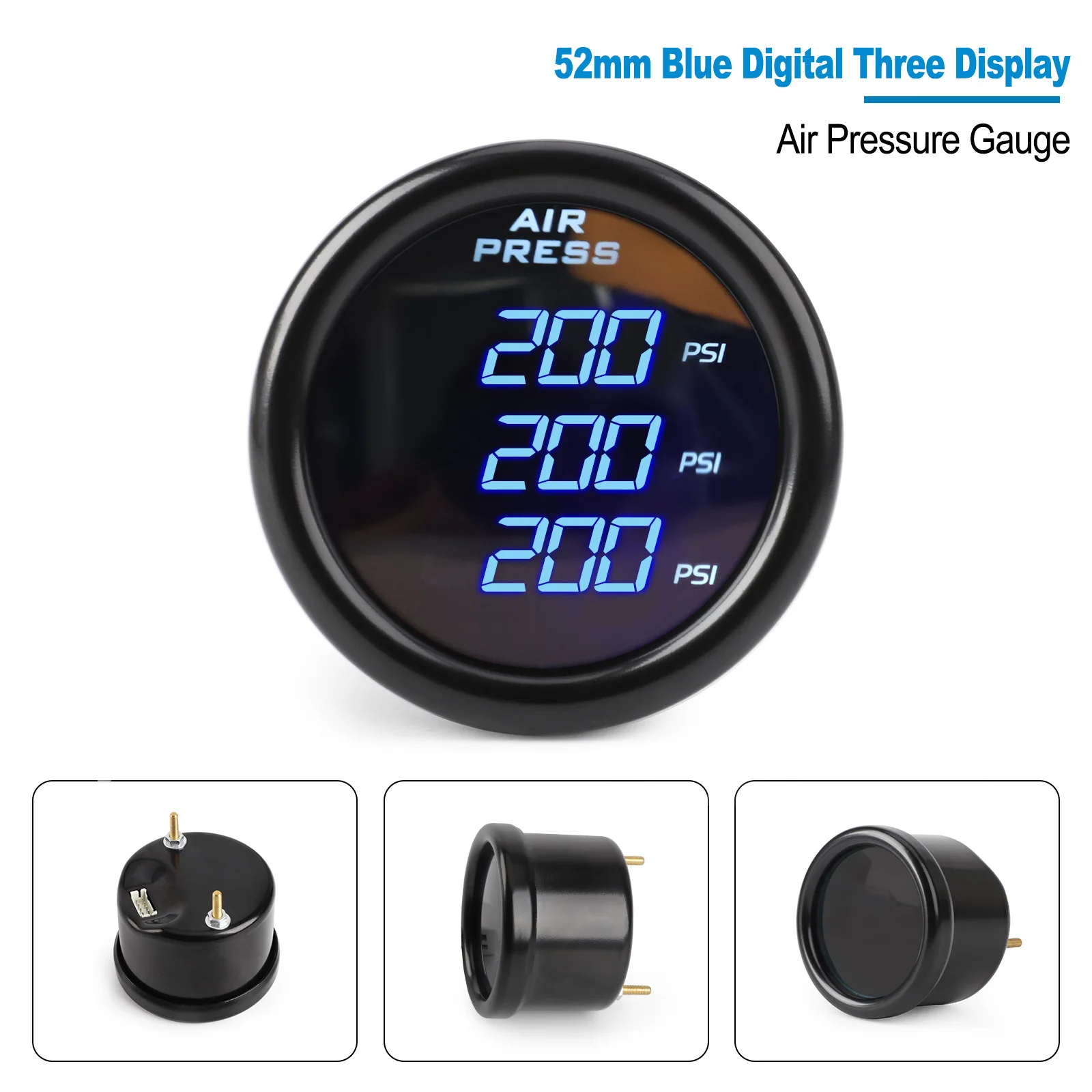 52mm 220PSI Three Display Air Pressure Gauge PSI Air Suspension Blue LED With 3pieces 1/8NPT Electrical Sensors Car Accessories