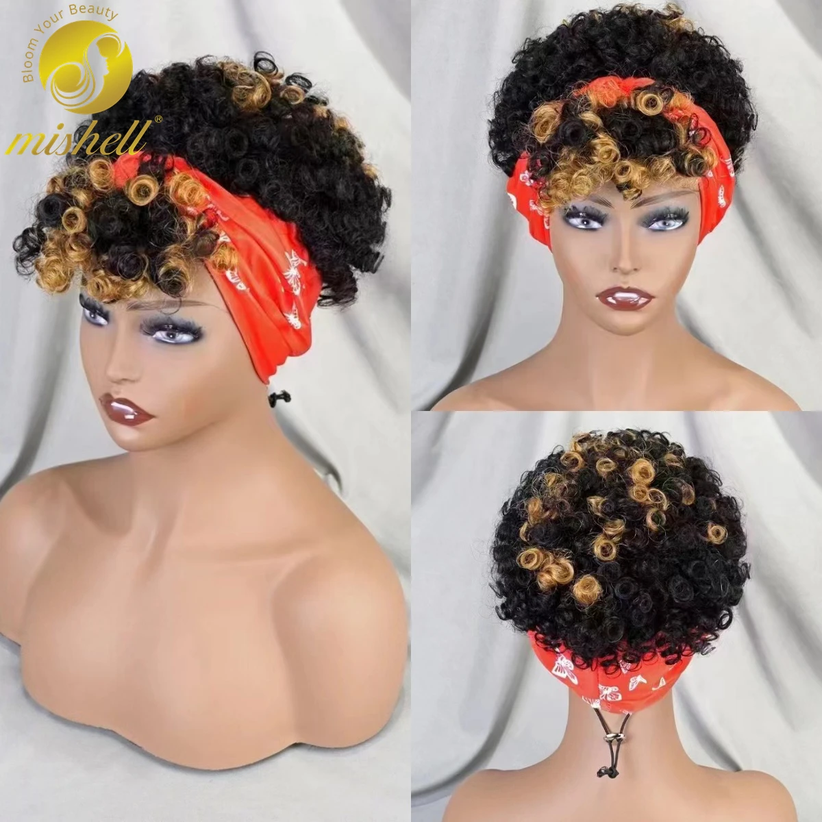 

1B-30 Ombre Bouncy Curly Human Hair Wig Machine Made Wig with Bangs 180% Density Afro Kinky Curly Scarf Wig for Black Women