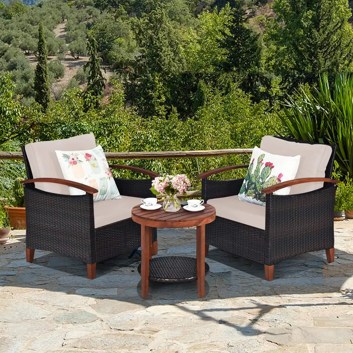 Set da 3 pezzi per conversazione sul Patio Set di divani in vimini da esterno in Rattan con cuscino e struttura in legno di Acacia, Set di tavolini e sedie