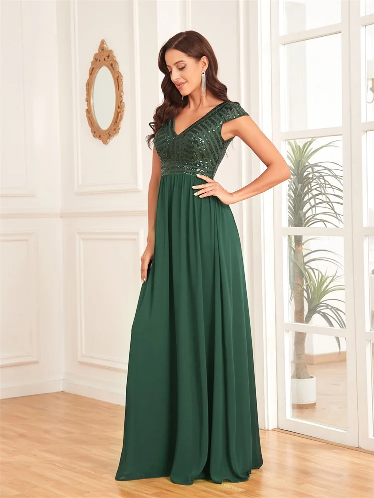 XUIBOL Elegant Sequins Green Evening Dress Women V Neck Wedding Party Graduation Prom For Chiffon Cocktail Floor Lenght Gowns