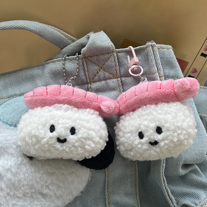 LLavero de juguete de Sushi de camarón de peluche encantador Kawaii para mujeres y niñas, llavero de muñeca de moda de dibujos animados, colgante, accesorio de decoración para bolso