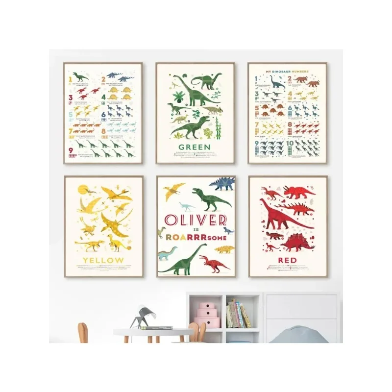 Dinosaur Numbers Educational ABC Alphabet Custom Name Wall Art Canvas Painting Dino Posters and Prints Wall Pictures Baby Room