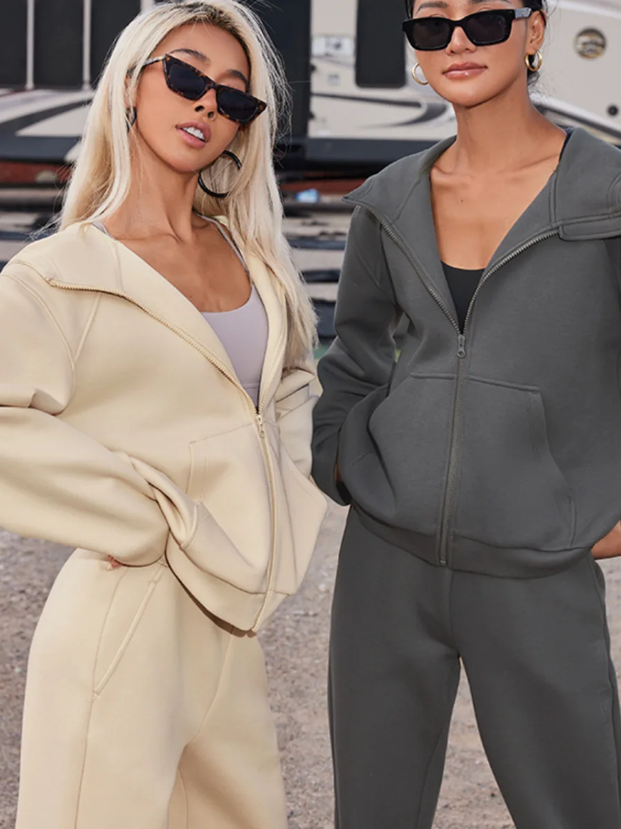 

Весенне-осенний женский однотонный комплект с длинными брюками-свеком с капюшоном, повседневный спортивный комплект из двух предметов, уличная одежда Four Seasons Wear