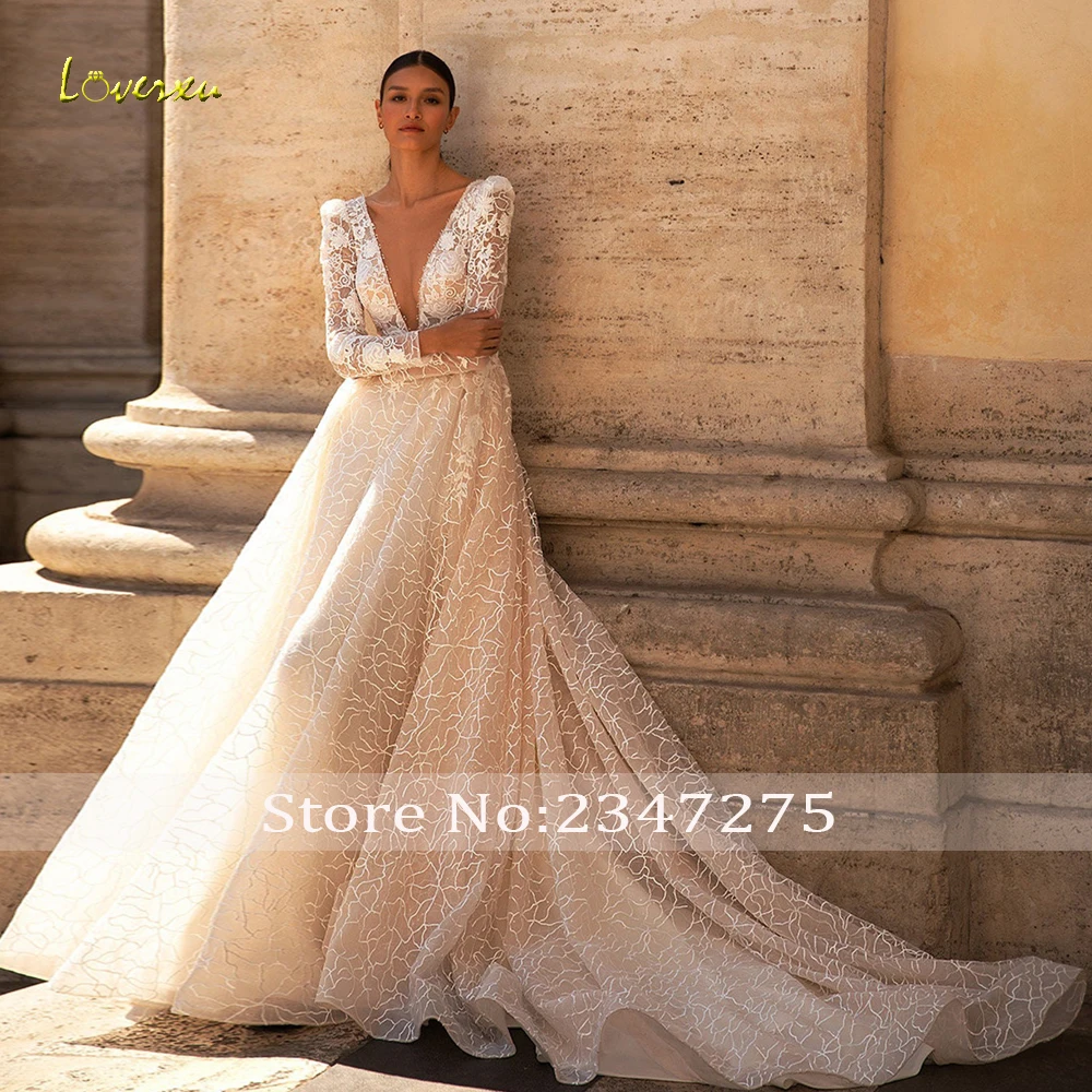 Loverxu linha a vestidos de casamento vintage com decote em v manga longa vestido de novia bordado apliques encantador feito sob encomenda vestido de noiva