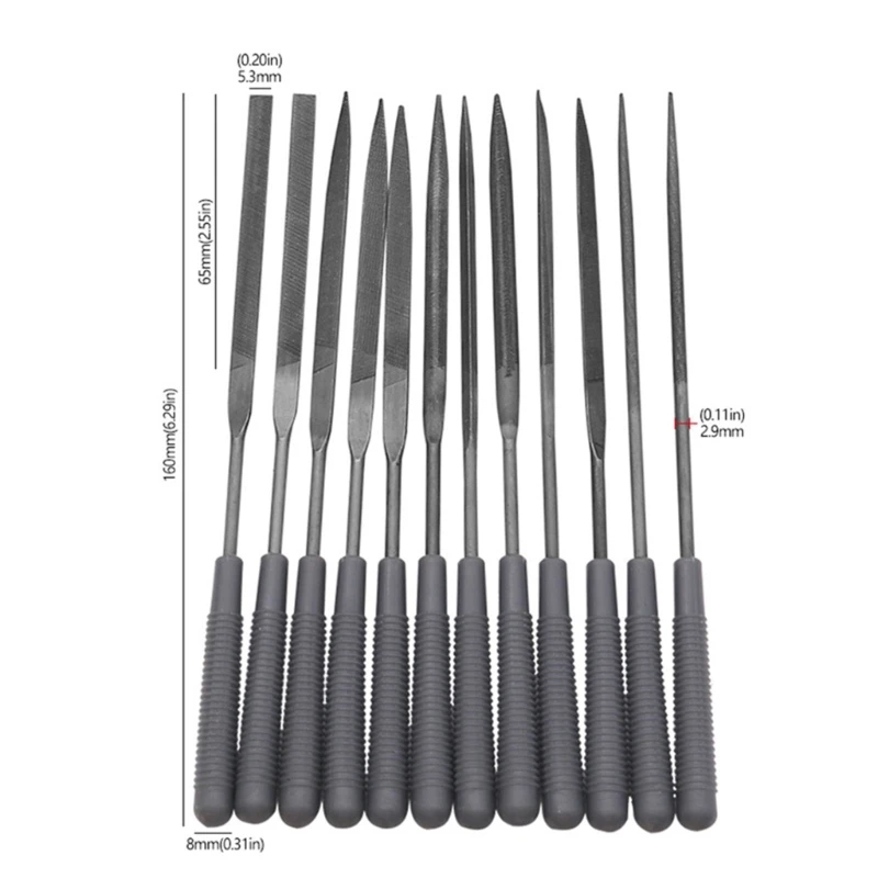 12Pcs Assorted Mini Diamond File Set Flat Needle Square Round Rifler Files for Metal Jewelers Glass Carving