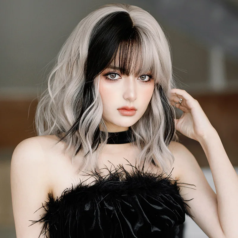 RANYU Silver gray powder female daily role-playing synthetic curly wig fluffy bangs heat-resistant Lolita wig