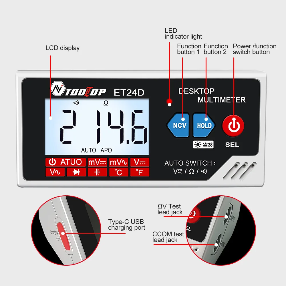 TOOLTOP ET24D Digital Desktop True RMS Multimeter Automatic Measurement AC/DC 600V Lithium Battery DIY Electrician Tools