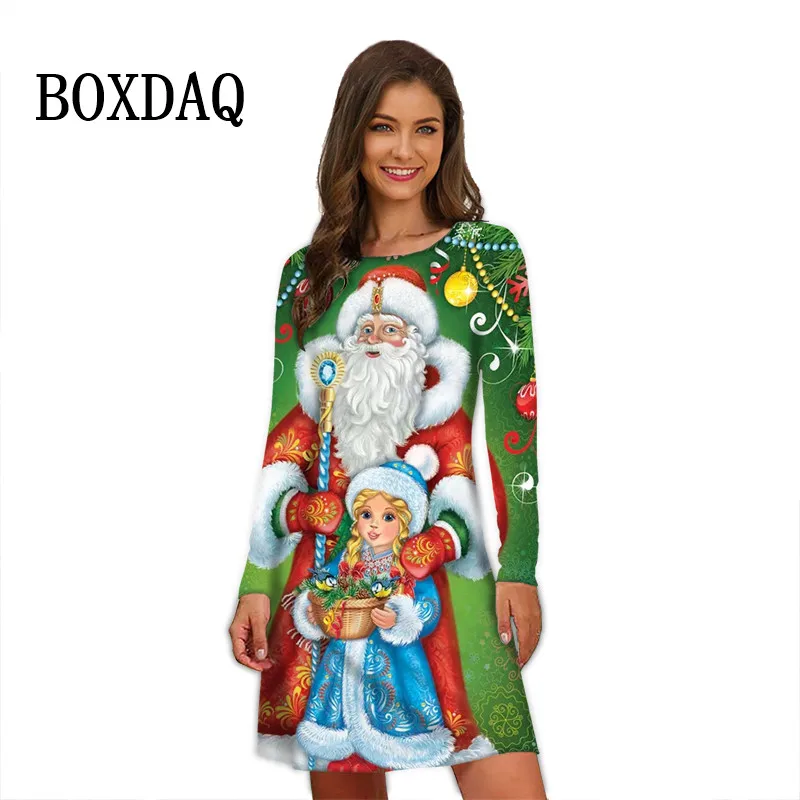 Vestido de Natal Manga Longa Feminino, Papai Noel 3D, Estampado Floco de Neve, Casual Solto, Vestidos Linha A, Roupas de Festa Festival, Inverno