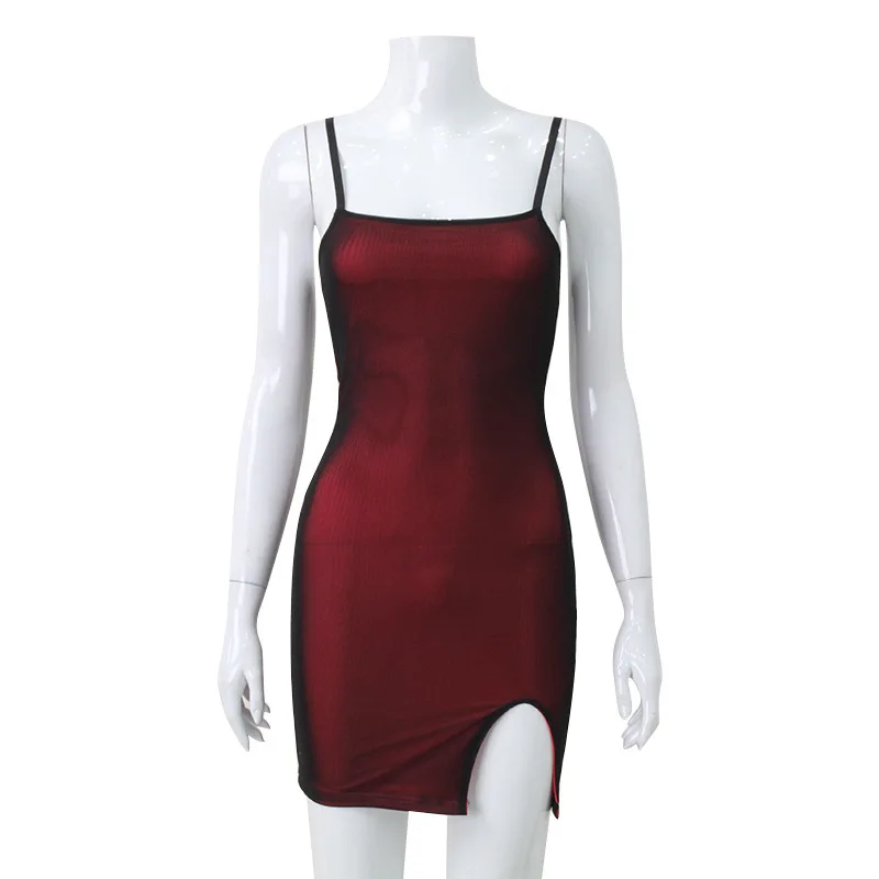 Damska obcisła sukienka z siateczki z rozcięciem, w stylu europejskim i amerykańskim, seksowna sukienka na ramiączkach.