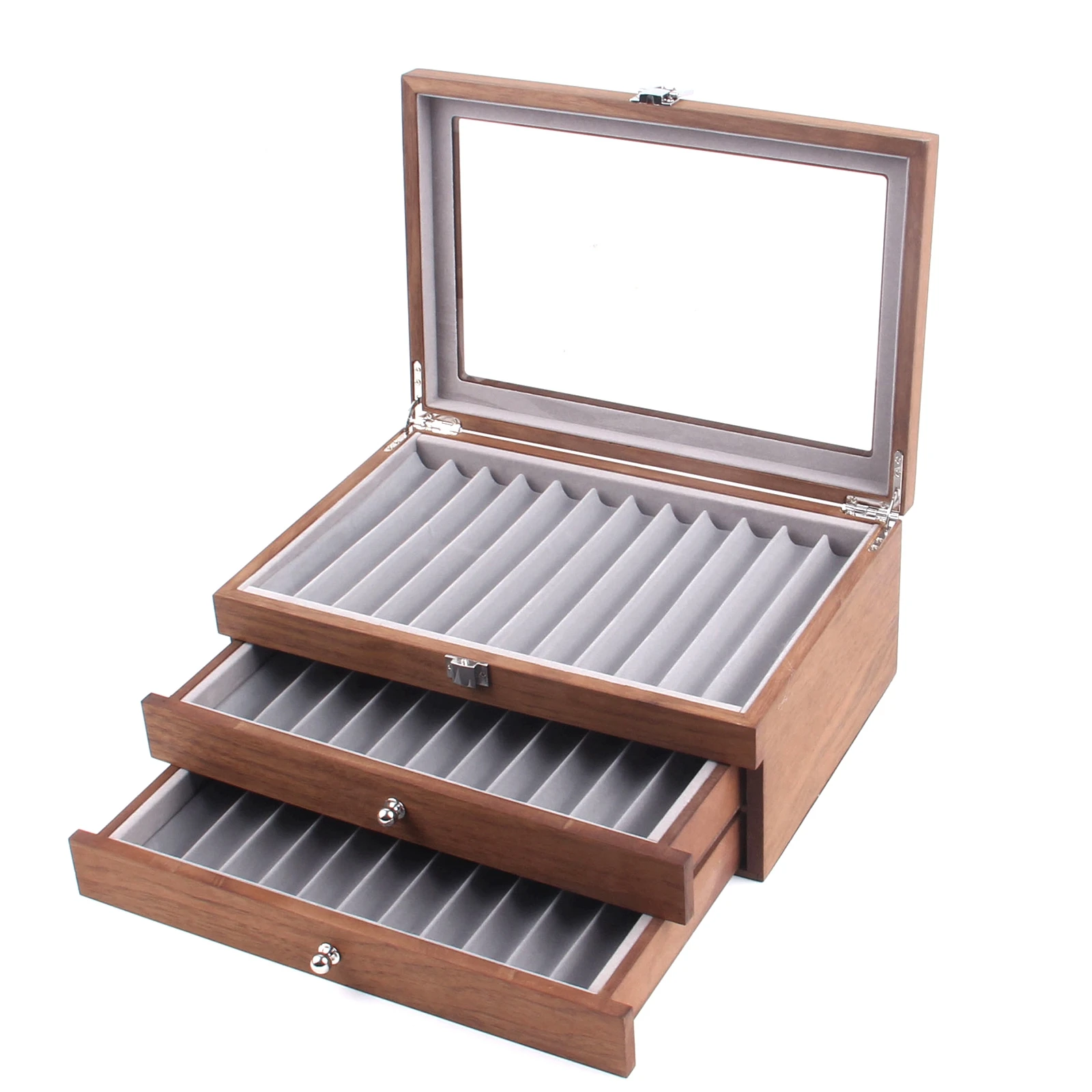 Wood Fountain Pen Collector with 3 Layer Pen Display Box 34 Pen Organizer Box Pens Display Case Storage Organizer With Glass