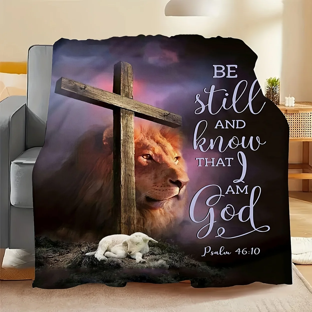 

1pc God And Lion Cross Flange Blanket, Friend Gift Blanket, Sofa Bed Sofa Office Camping Blanket
