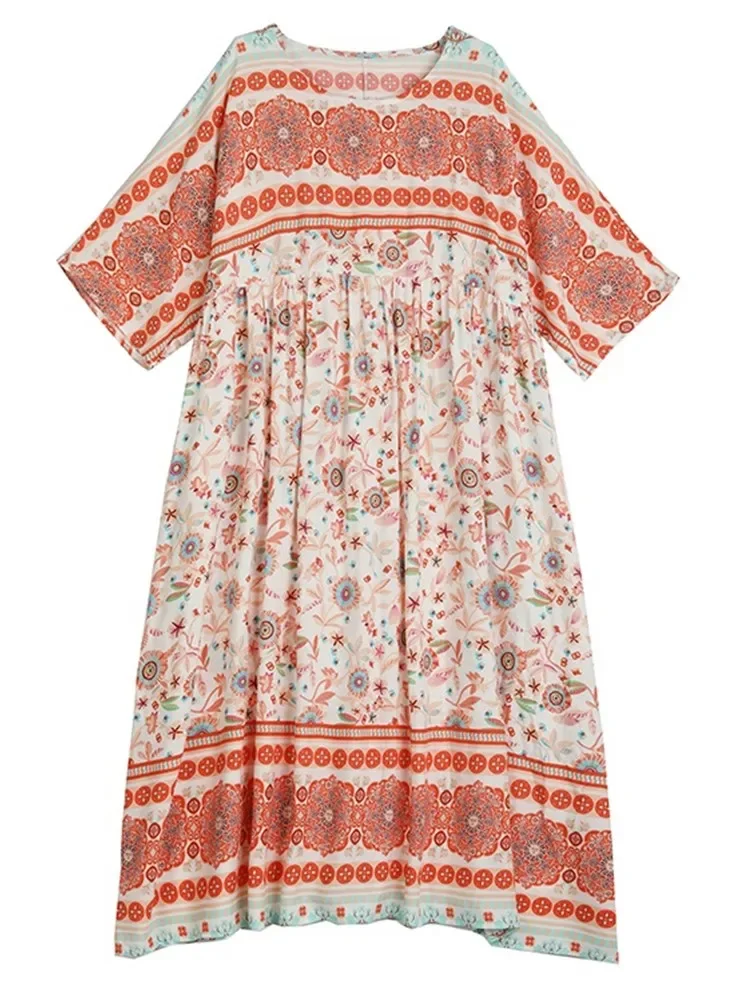 Kurzarm, übergroßer Baumwollsatin, Vintage-Blumenmuster, neu in Kleidern für Damen, lässig, locker, langes Sommerkleid, elegante Kleidung 2025,