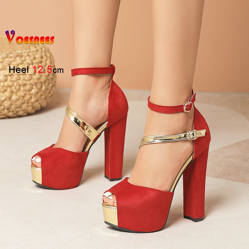 صنادل من جلد الغزال موضة اللمحة تو الصيف نموذج المنصة تظهر الأحذية 12.5 سنتيمتر سميكة عالية الكعب مصمم مشبك حزام الصنادل للنساء #1